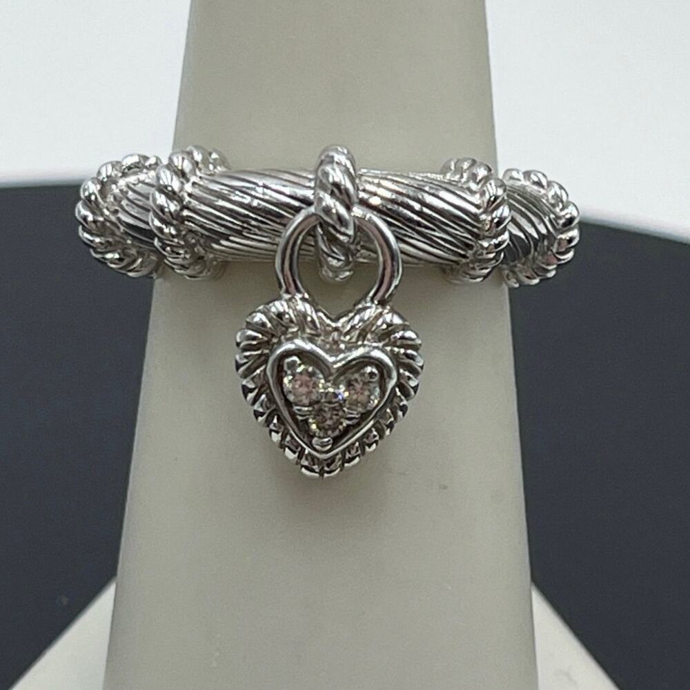 Judith Ripka‎ Dangle Heart Charm CZ Diamonique Sterling Silver Ring Size 7